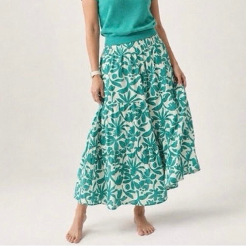 MARINE LAYER Women's L Corrine Cotton Gauze Bold Teal Floral Maxi Skirt White